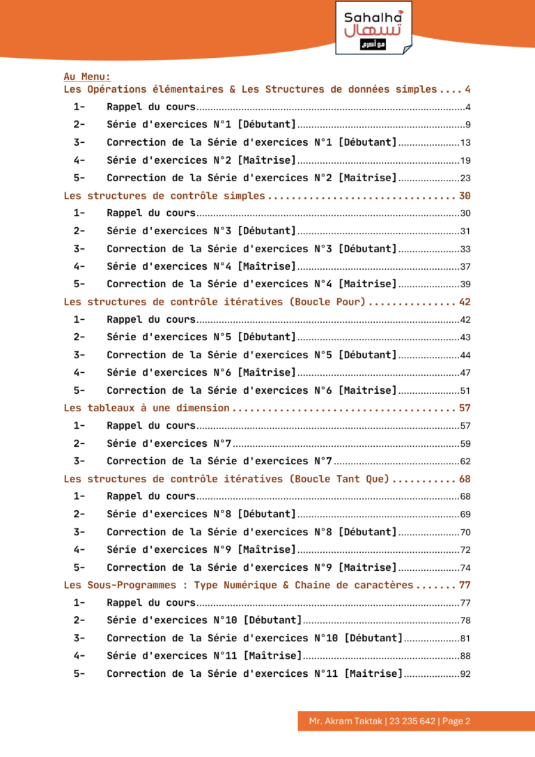 Contenu du livre 2éme Informatique-Matiére algo et programmation