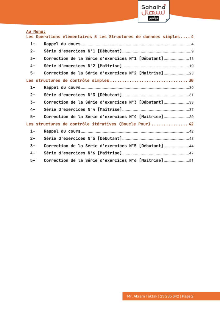 Contenu du Livre “Algorithme et Programmation” 2éme scientifique