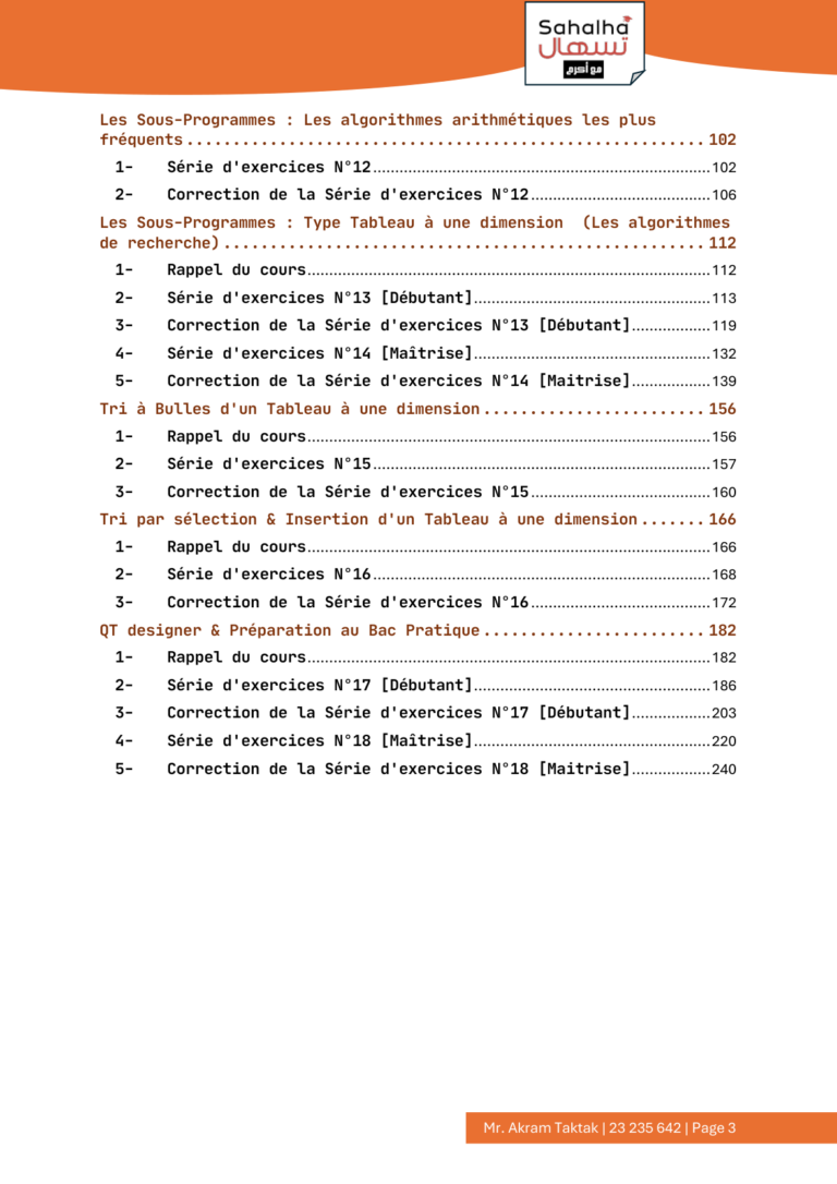 Contenu du livre “Algorithme et Programmation” 4e scientifique – exercices et séries de révision (Tunisie, nouveau régime)